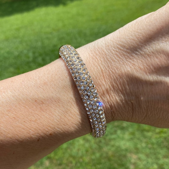 Crystal adorned gold tone hinge bangle bracelet - Picture 16 of 16